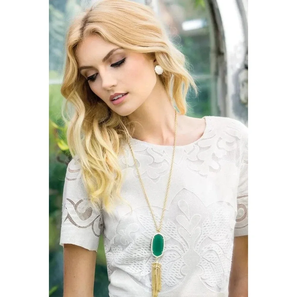 Kendra Scott Rayne Necklace Women Slate Gold NWT Long Pendant Tassel Stone